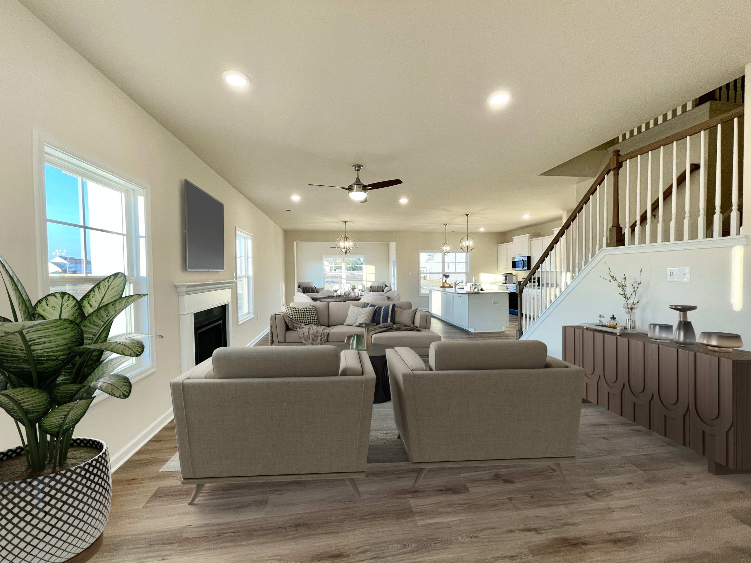 Castleton-46-6-juniper-living-dining-sunroom Photo of the furnished living room inside the Juniper Lot 46 Section 6 Castleton in Henrico VA