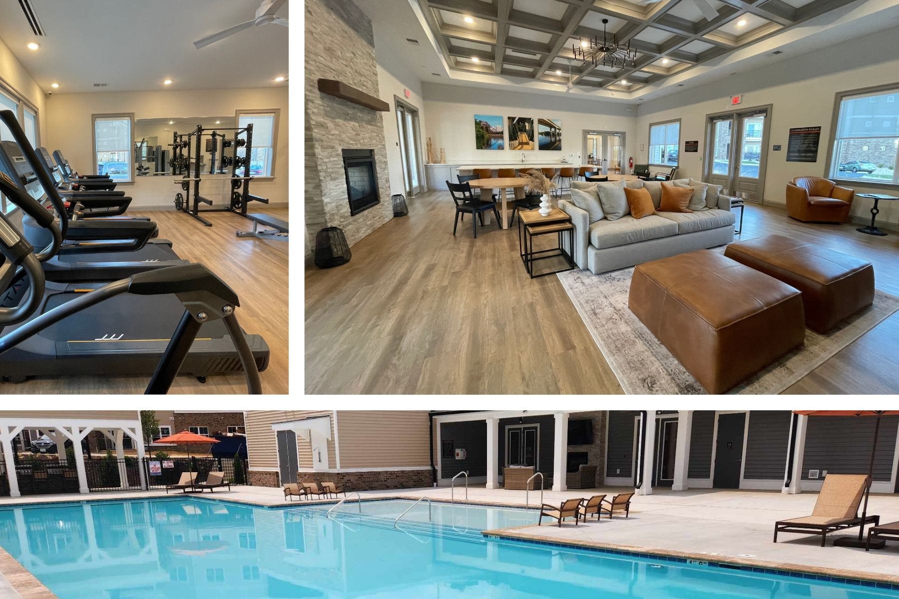 Marcella-at-Gateway-Amenities Marcella at Gateway community amenities fitness center, clubroom, and swimming pool with outdoor grilling pavilion.
